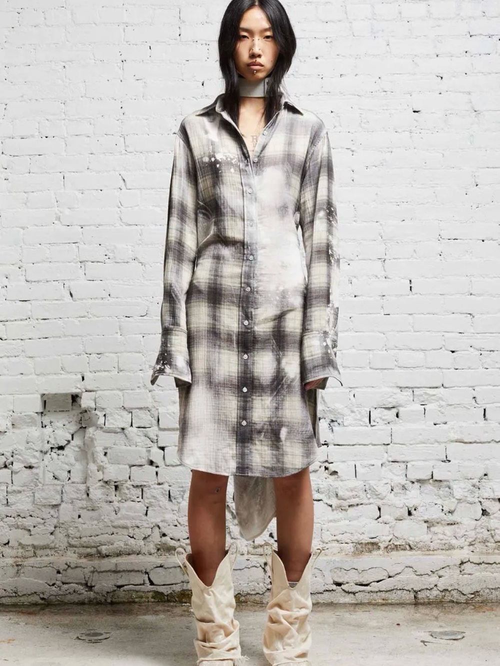 R13 Tie Shirtdress in Bleached Ecru & Brown Plaid M